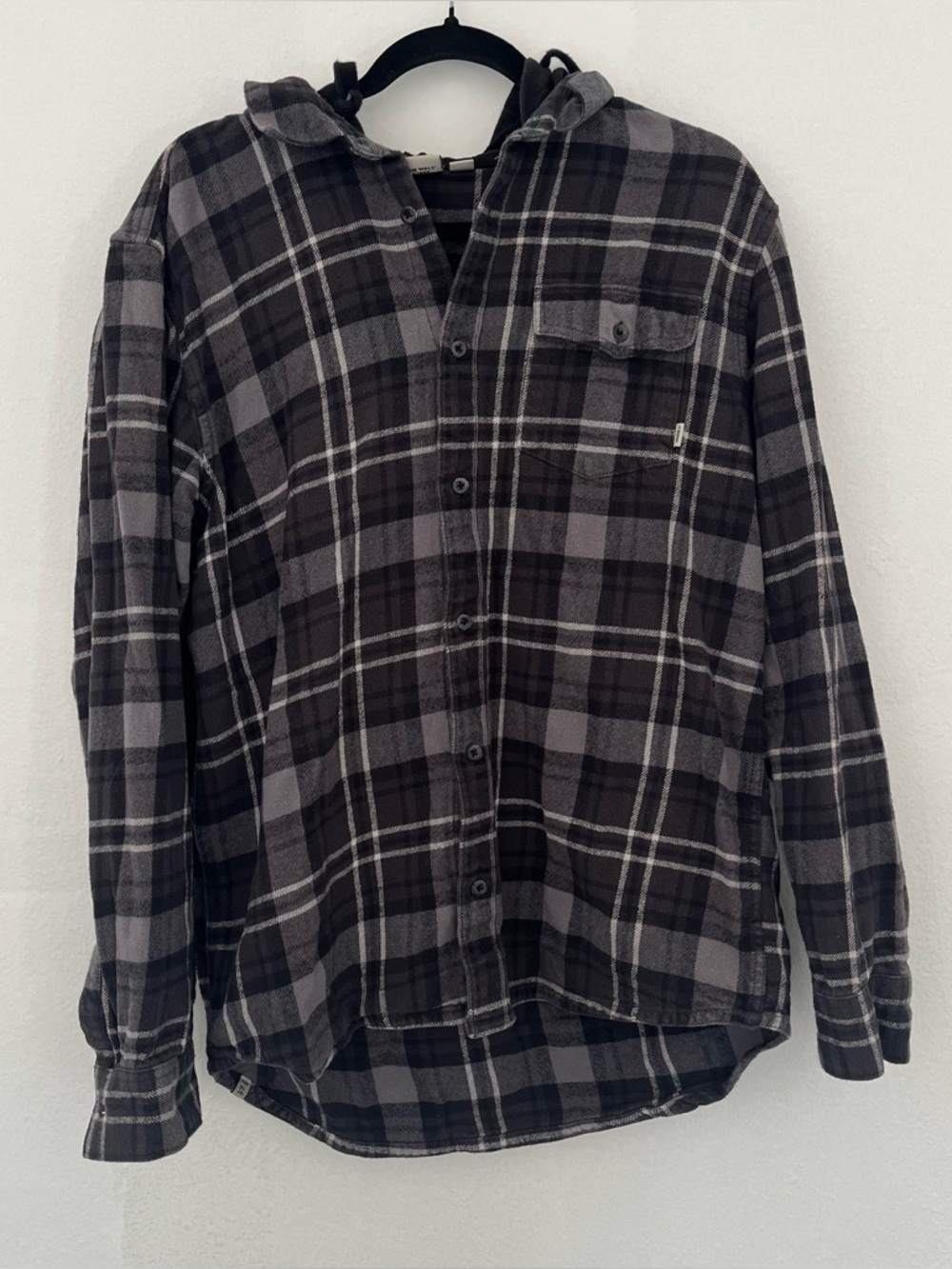 Vans Men's Black & Gray Plaid Button-Down Hooded Shirt